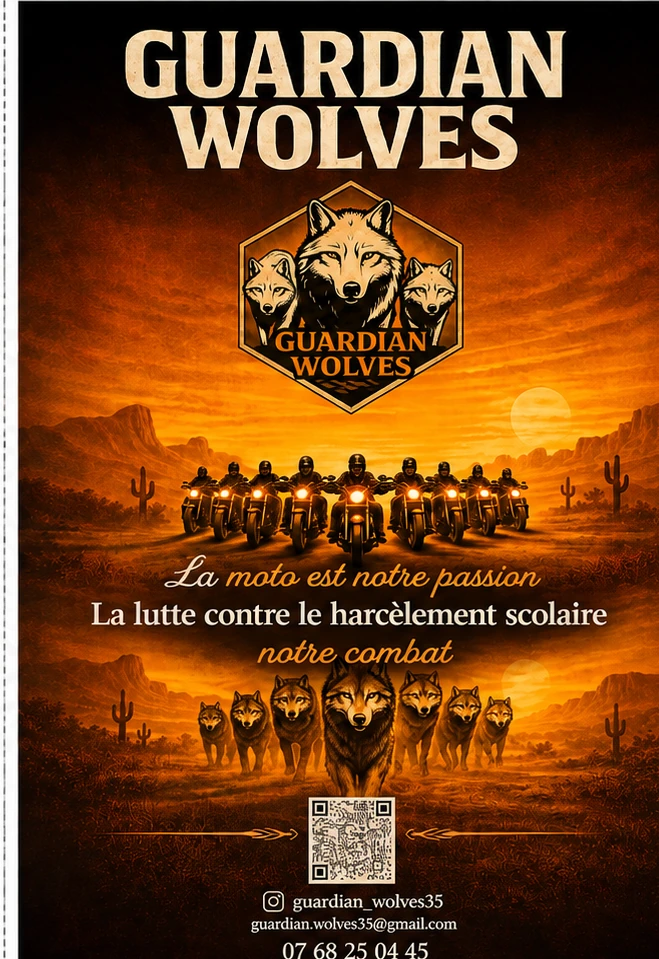 Affiche Guardian Wolves : motards face à l'horizon orangé, loups et slogan de l'association